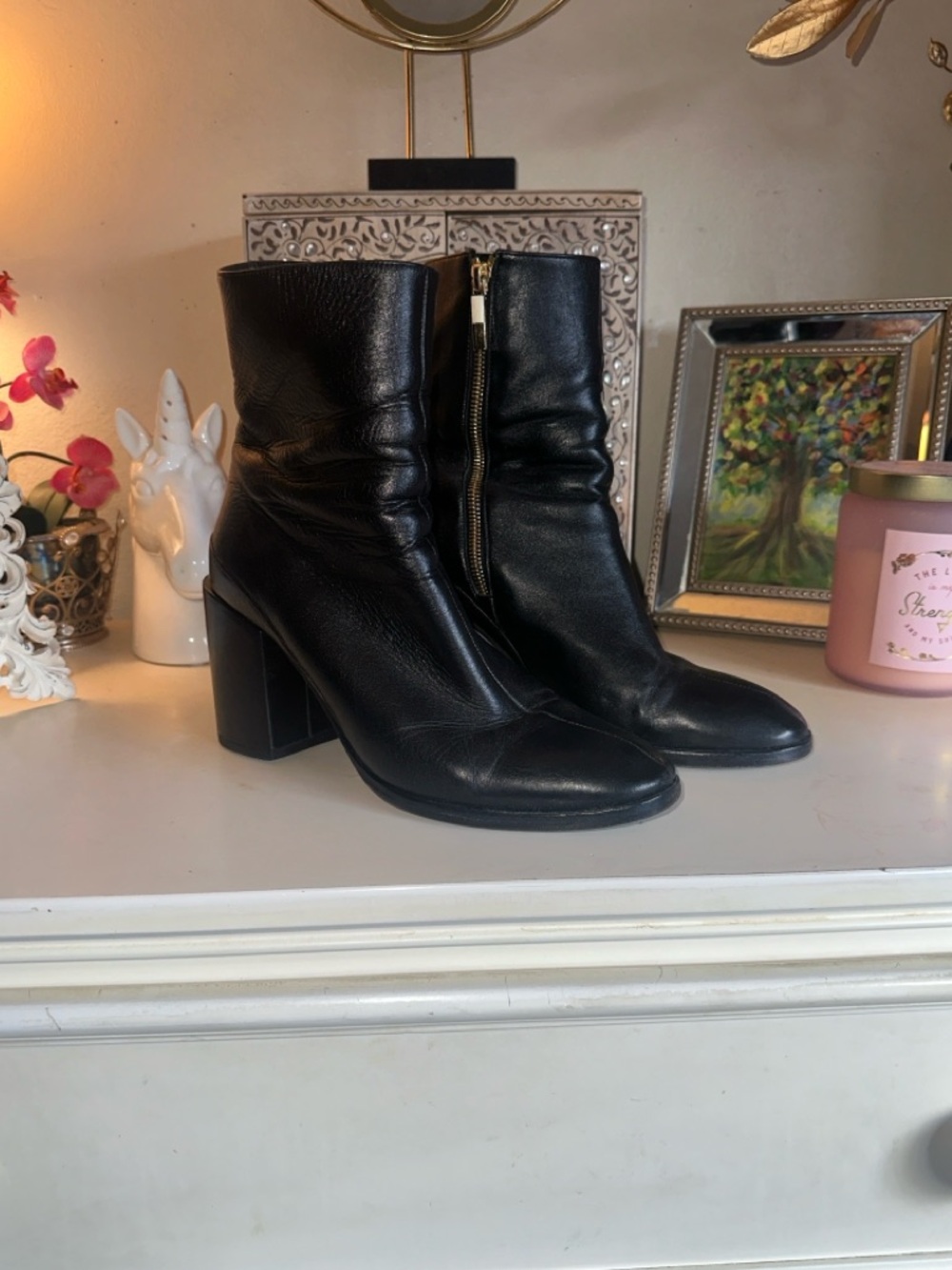 Dear Frances Black Leather Spirit Ankle Booties Block Heel 40